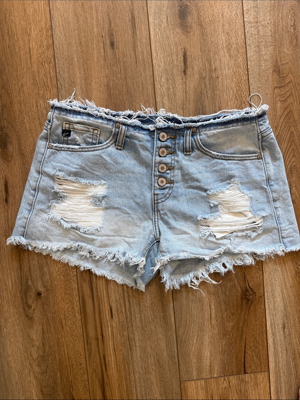 KanCan Light Wash Distressed Button-Front Jean Shorts